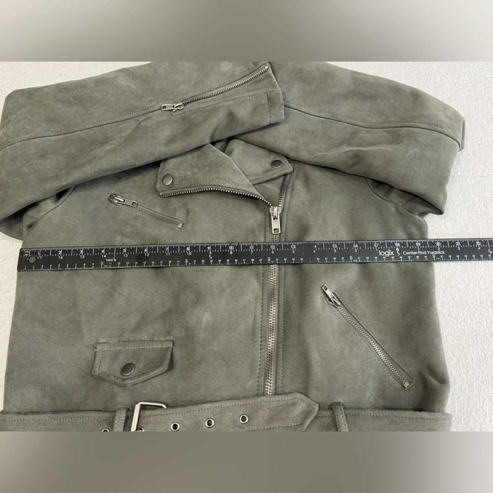 Forever 21 Olive Gray Faux Suede Moto Biker Jacket Large Zip Up - Picture 6 of 6